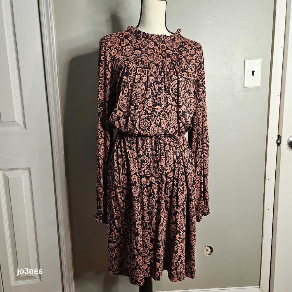Boden Easy Yoke Long Sleeve Dress - Black and Orange Floral 12L